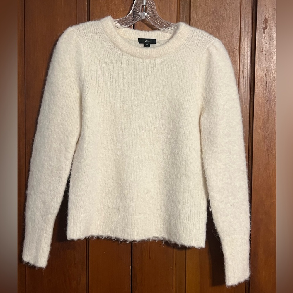 J Crew‎ Puff-sleeve Fuzzy Crewneck Sweater Winter White Alpaca Merino Wool Blend